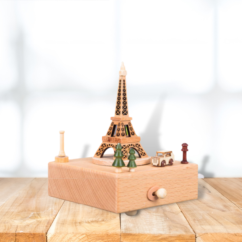 Mélodie Danseuse Tour Eiffel Bateau magnétique mobile Boîte à musique avec remontage à tige Interrupteur mécanique à bascule pour remonter Boîte à musique en bois de hêtre 